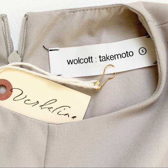 Walcott:Takemoto Dress Designer Silk Taupe Sleeveless Box Pleat Sheath Small NEW - Picture 9 of 12